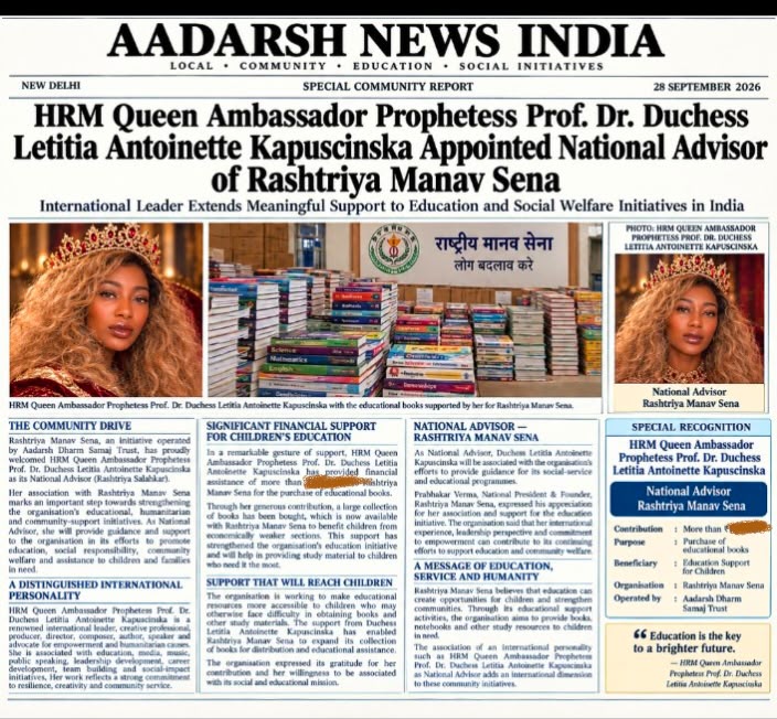 Aadarsh News India front-page community report dated 28 September 2026 on the National Advisor appointment