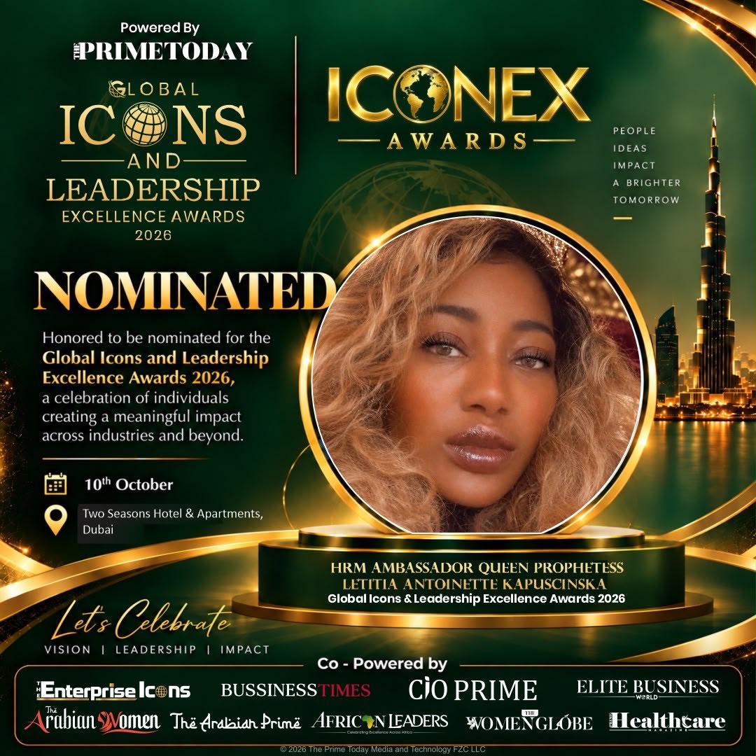 Global Icons and Leadership Excellence Awards 2026 nomination poster for Letitia Antoinette Kapuscinska — 10 October, Two Seasons Hotel and Apartments, Dubai