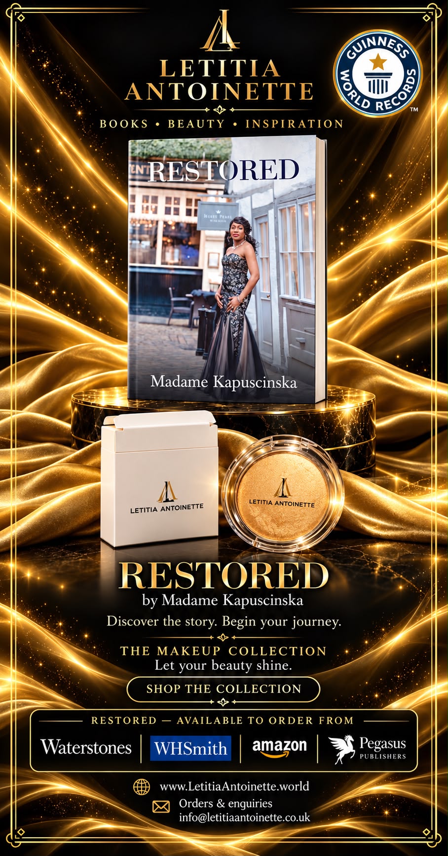 Restored book by Madame Kapuscinska with Letitia Antoinette makeup compact on gold silk